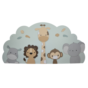 5 Jungle dieren op wolk achterbord (naam optioneel) -beige met te kiezen kleur (118x58cm)